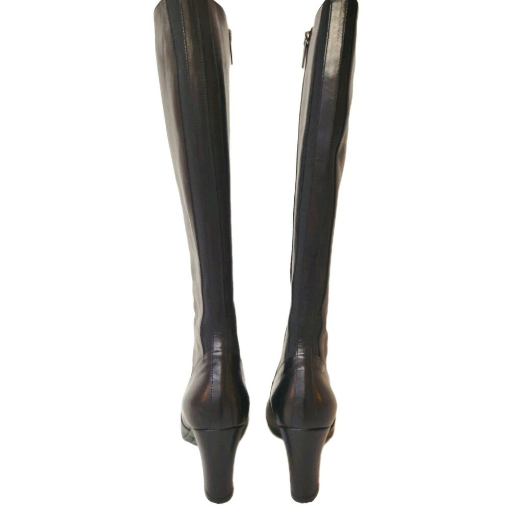 Aquatalia Black Leather Knee High Boots Stretch Back Block Heel Italy Women 8 - Picture 3 of 12